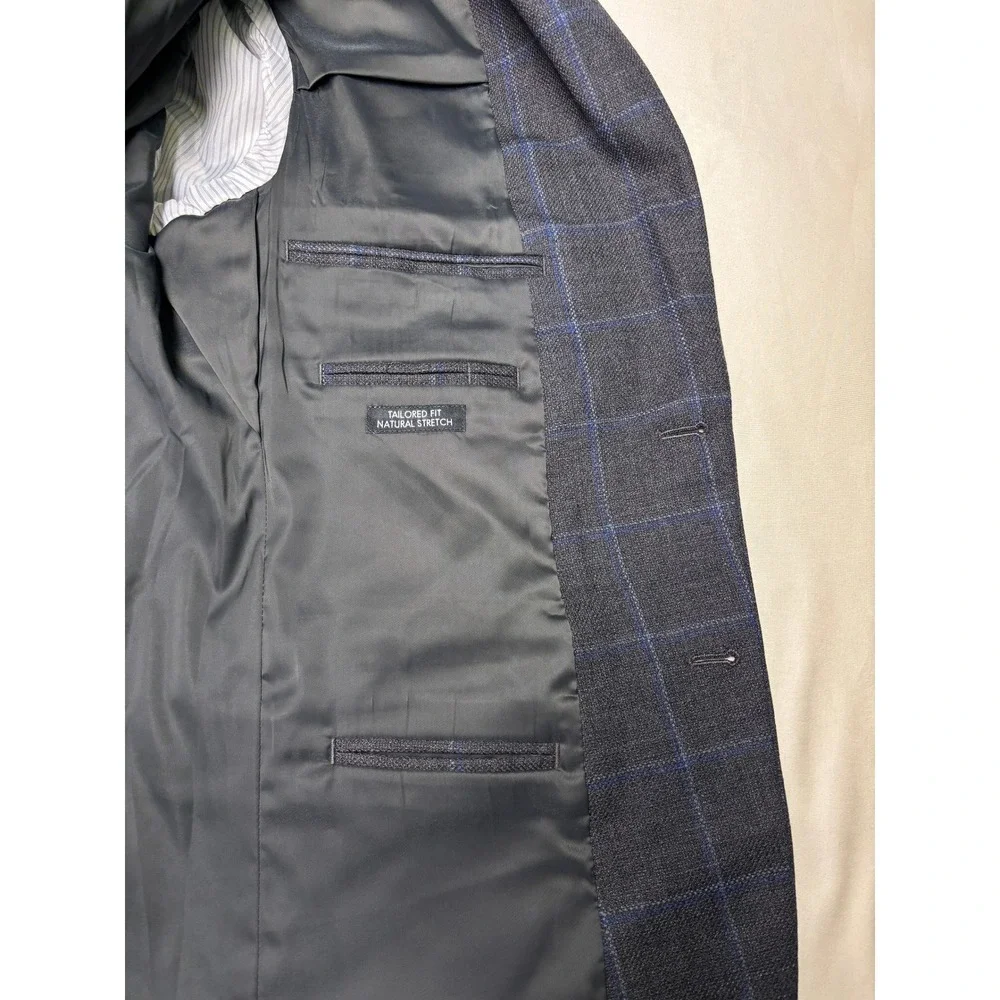 Jos. A. Bank Traveler Blazer Mens 40R Grey Blue Windowpane Plaid 100% Wool